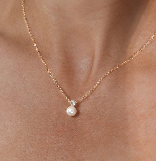 Pearl Necklace Bridal Pearl Diamond Necklace Bridal Necklace Bridesmaid Necklace Minimalist Wedding Jewelry Gift for her Bridesmaid Jewelry